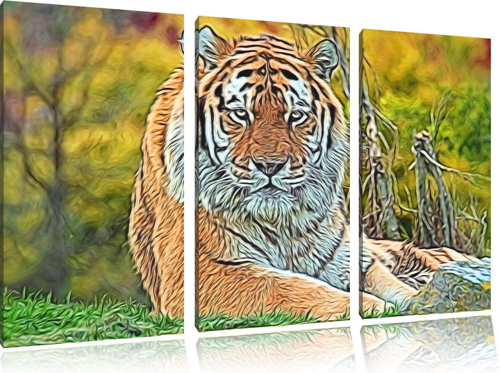 schöner Tiger auf Wiese NewArt 3-Teiler Leinwandbild 120x80 Bild auf Leinwand, XXL riesige Bilder fe