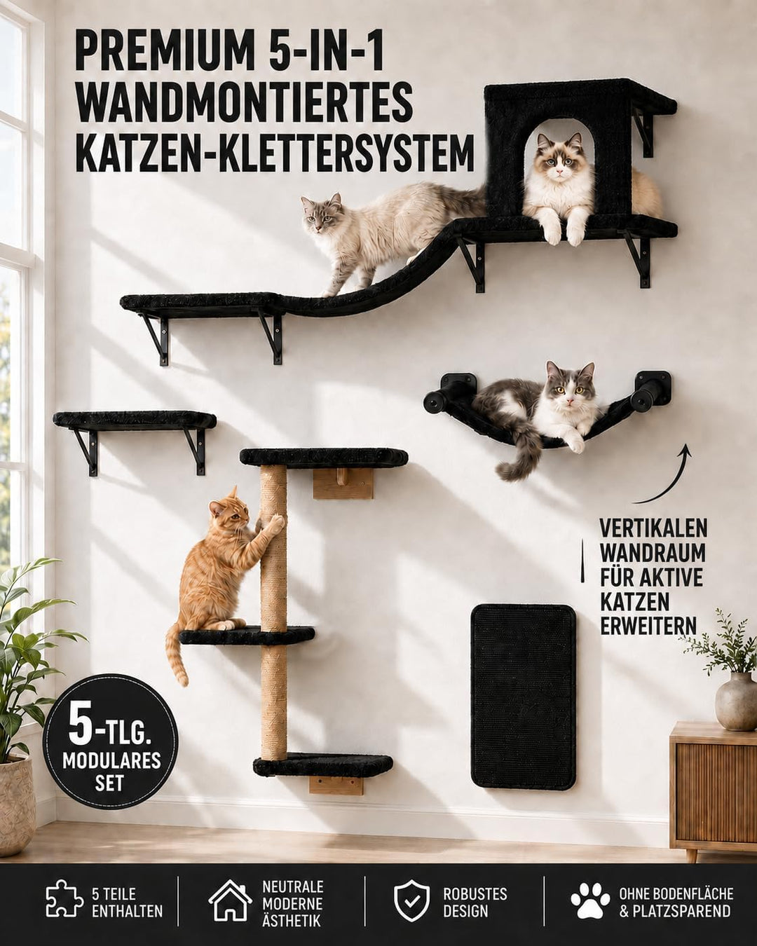 Kletterwand Katzen, 5-in-1 Katzen Kletterwand Set, Stabiler Katzenmöbel für den Innenbereich mit Hän