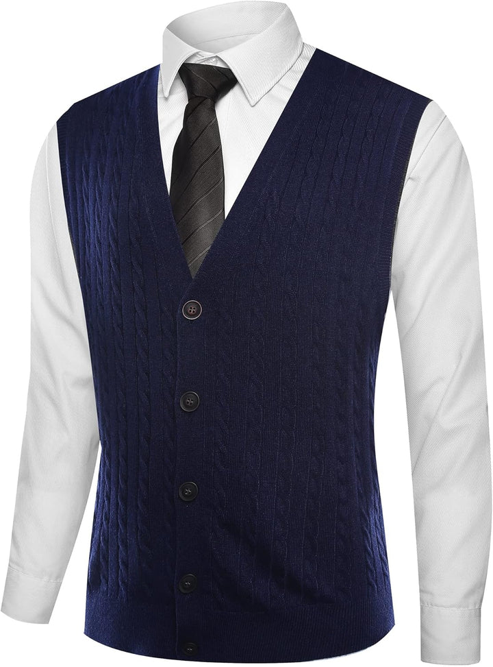Kallspin Herren Strickweste Ärmellos Cardigan Wollmischung mit Zopfmuster und Knöpfen L Marineblau,