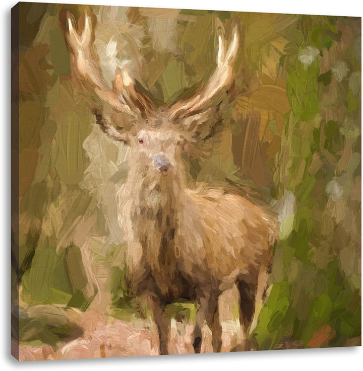 Pixxprint Schöner Hirsch im Wald Pinsel Effekt, Format: 70x70 auf Leinwand, 70x70