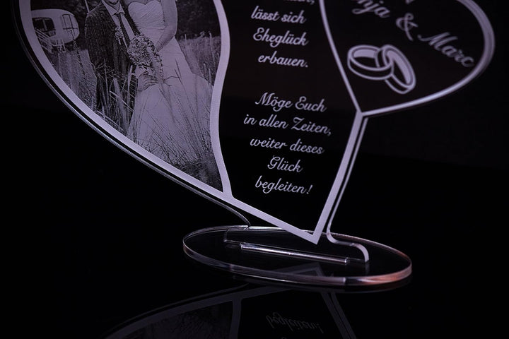 Acryl Schild in Herz Form "Hochzeitstag" mit Foto-Lasergravur, Geschenk, 205 mm x 170 mm (Hochzeitss
