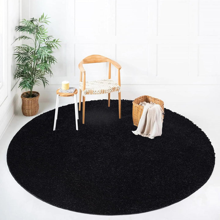 payé Teppich Rund Hochflor Shaggy - 200x200cm - Schwarz Einfarbig Uni Flauschig Modern Boho Wohnzimm