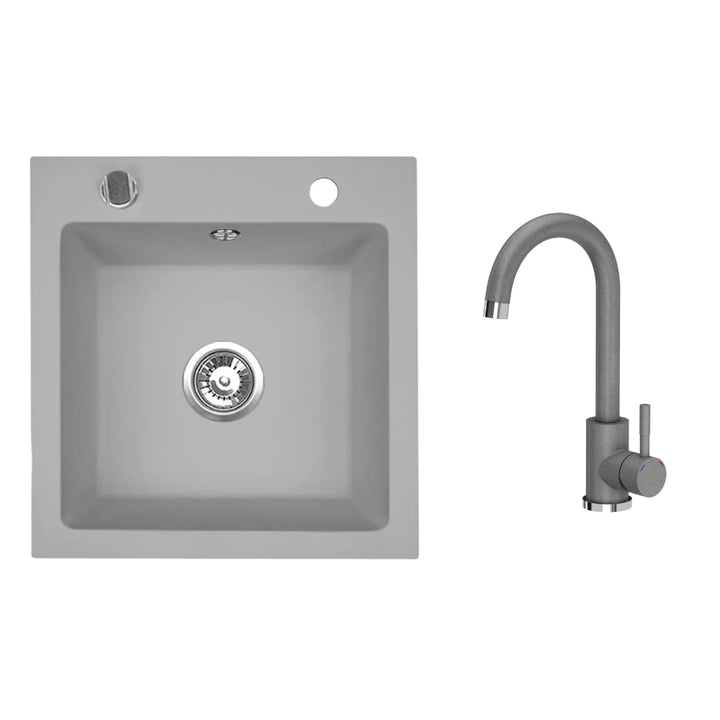 VBChome Granitspüle 50 x 48 cm Grau mit Armatur Einzelbecken Einbauspüle Gesprenkelt Pflegeleichtes