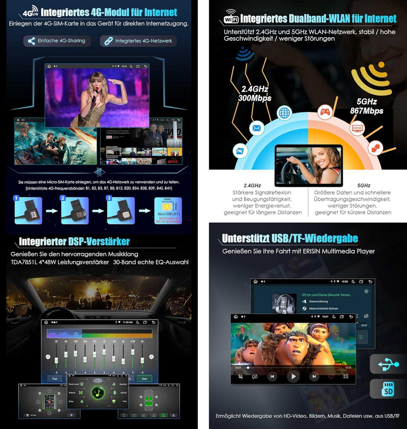Erisin Android 10.0 Autoradio mit Navi GPS DVD Player für VW Golf 5/6 Polo Passat Tiguan Touran Cadd