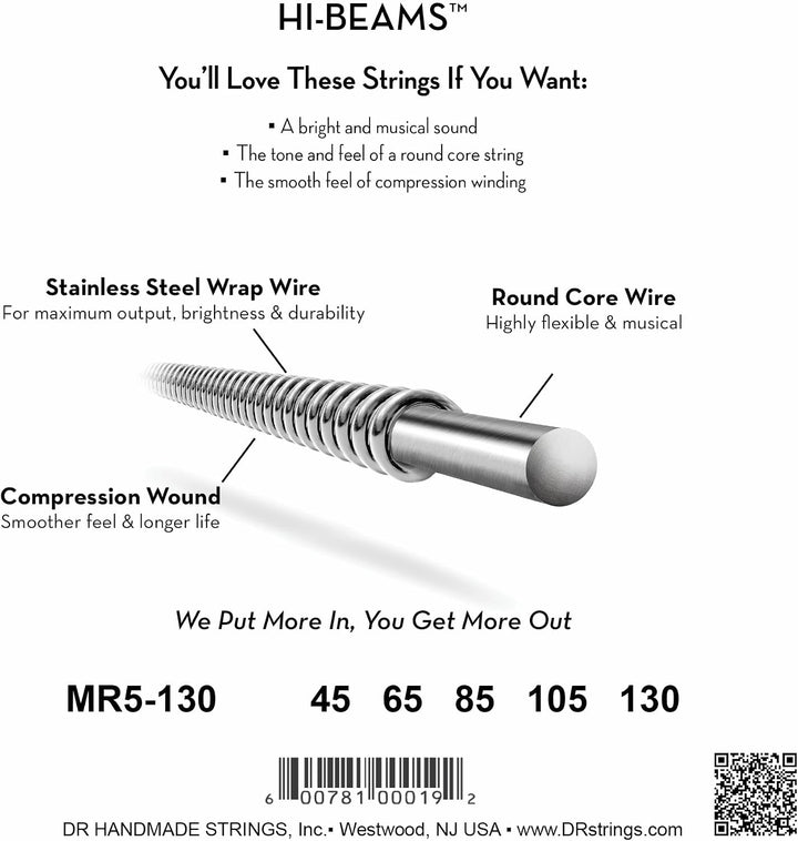 DR Hi-Beam Stainless Steel 5-String Bass Strings45-130
