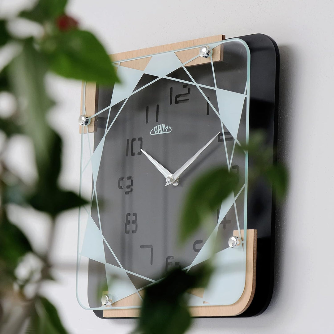 PRIM Modern Black Wooden Wall Clock - Wanduhr 30CM, Moderne quadratische Wanduhr. Holzwanduhr mit Mu