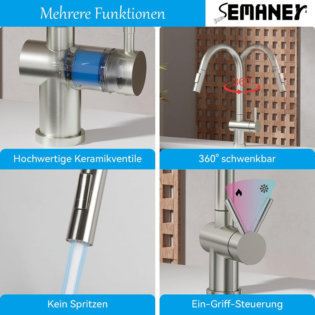 Wasserhahn Küche, SEMANEY Hochdruck Küchenarmatur mit 2 Modus Brause Ausziehbar, Mischbatterie küche