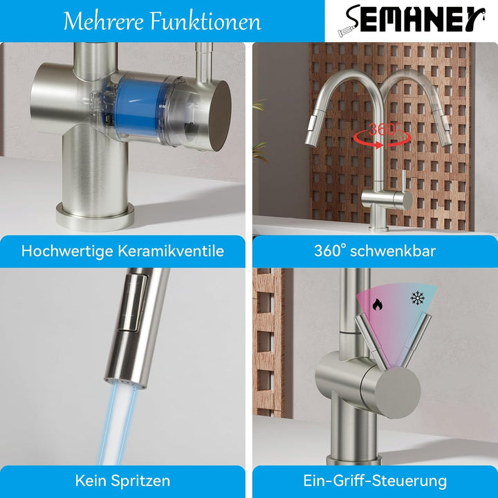 Wasserhahn Küche, SEMANEY Hochdruck Küchenarmatur mit 2 Modus Brause Ausziehbar, Mischbatterie küche