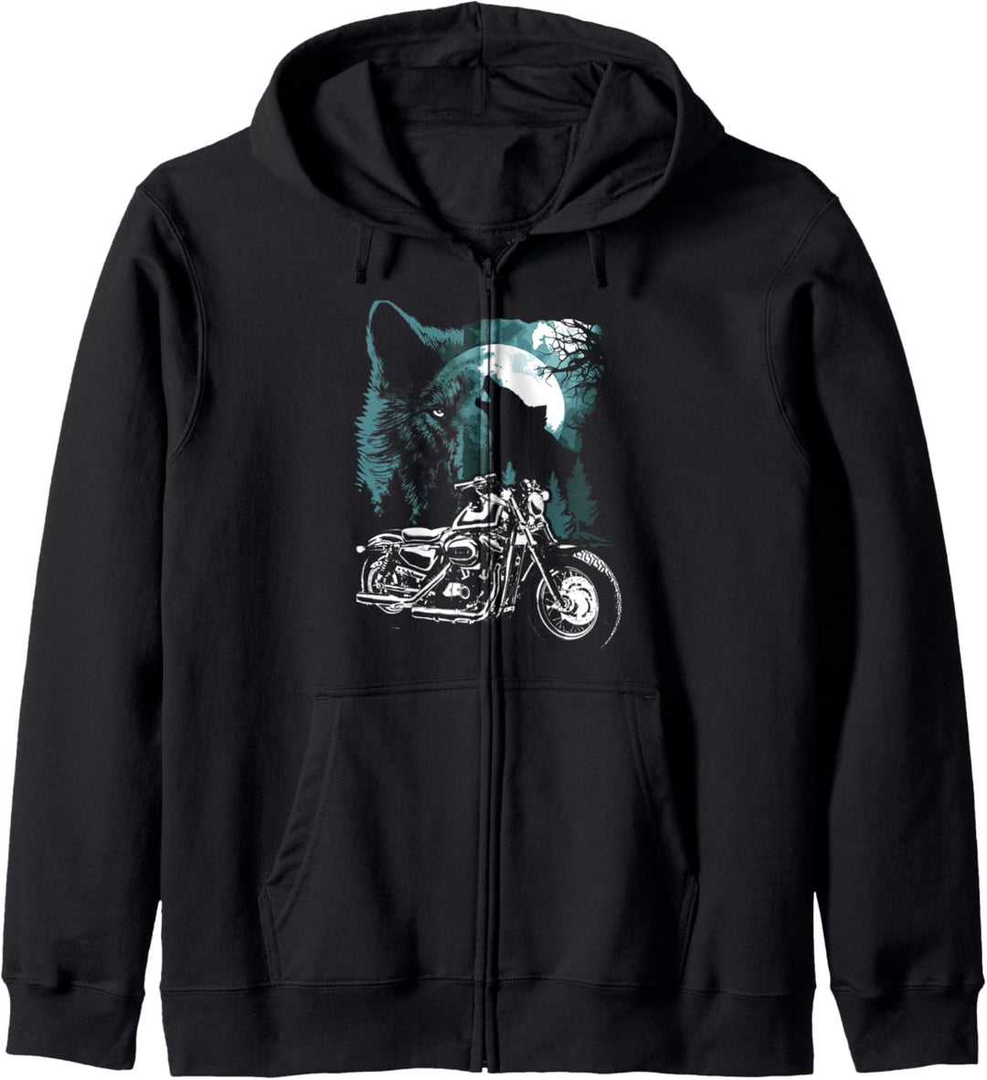 Nacht Mond Grafik Biker Motorrad mit Wölfen Kapuzenjacke