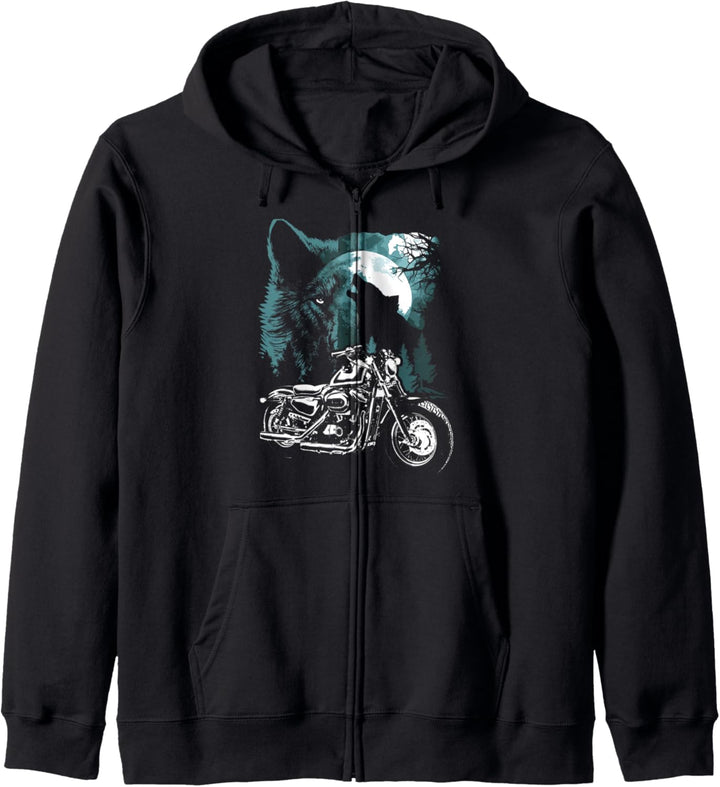 Nacht Mond Grafik Biker Motorrad mit Wölfen Kapuzenjacke