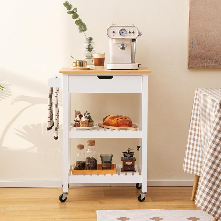 KOMFOTTEU Küchenwagen Kücheninsel aus Bambus & Holz, Servierwagen auf Rollen 66x40x85cm, Küchentroll