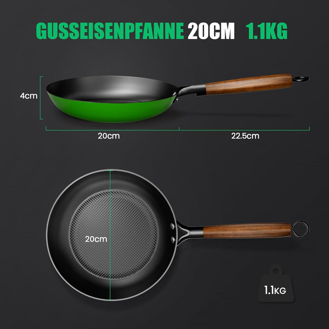 YUTANN Gusseisenpfanne, Nonstick Frying Pan, Pfannen 20cm mit Abnehmbarer Holzgriff, PFAS-Frei, PFOA