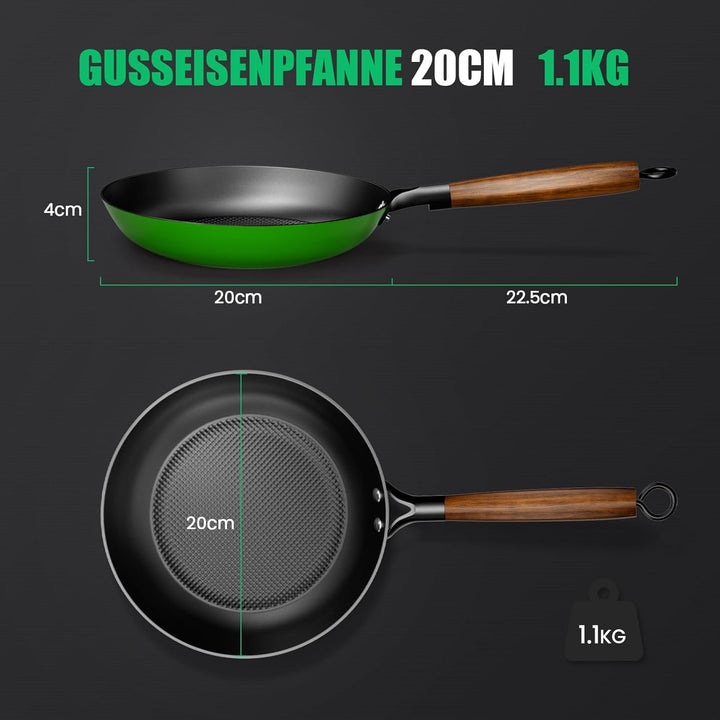 YUTANN Gusseisenpfanne, Nonstick Frying Pan, Pfannen 20cm mit Abnehmbarer Holzgriff, PFAS-Frei, PFOA