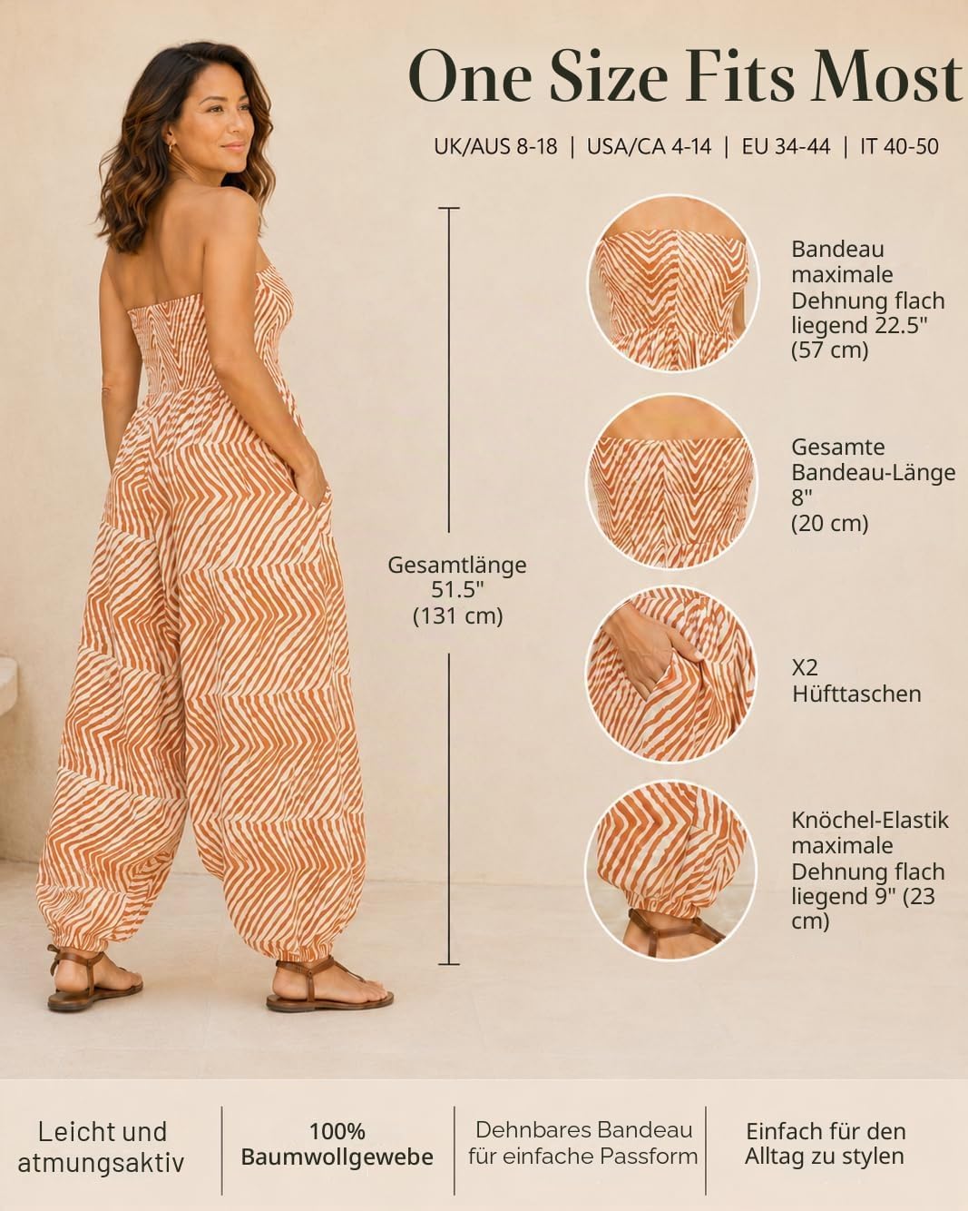 likemary Jumpsuit Damen Sommer & Bedruckter Baumwoll Haremshose mit Taschen – 2-in-1 Trägerloser Ein