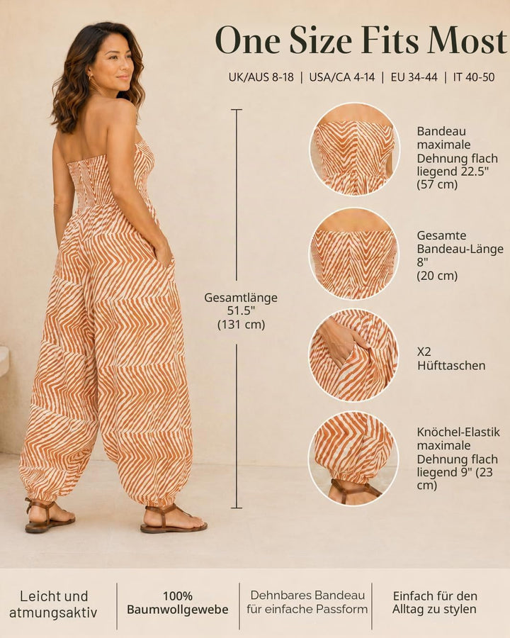 likemary Jumpsuit Damen Sommer & Bedruckter Baumwoll Haremshose mit Taschen – 2-in-1 Trägerloser Ein
