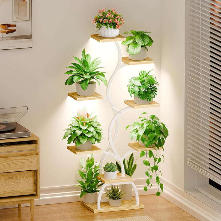 Pflanzenständer mit Wachstumslicht - 8 Ebenen Blumenständer 124cm Metall Holz Pflanzenregal - Innen
