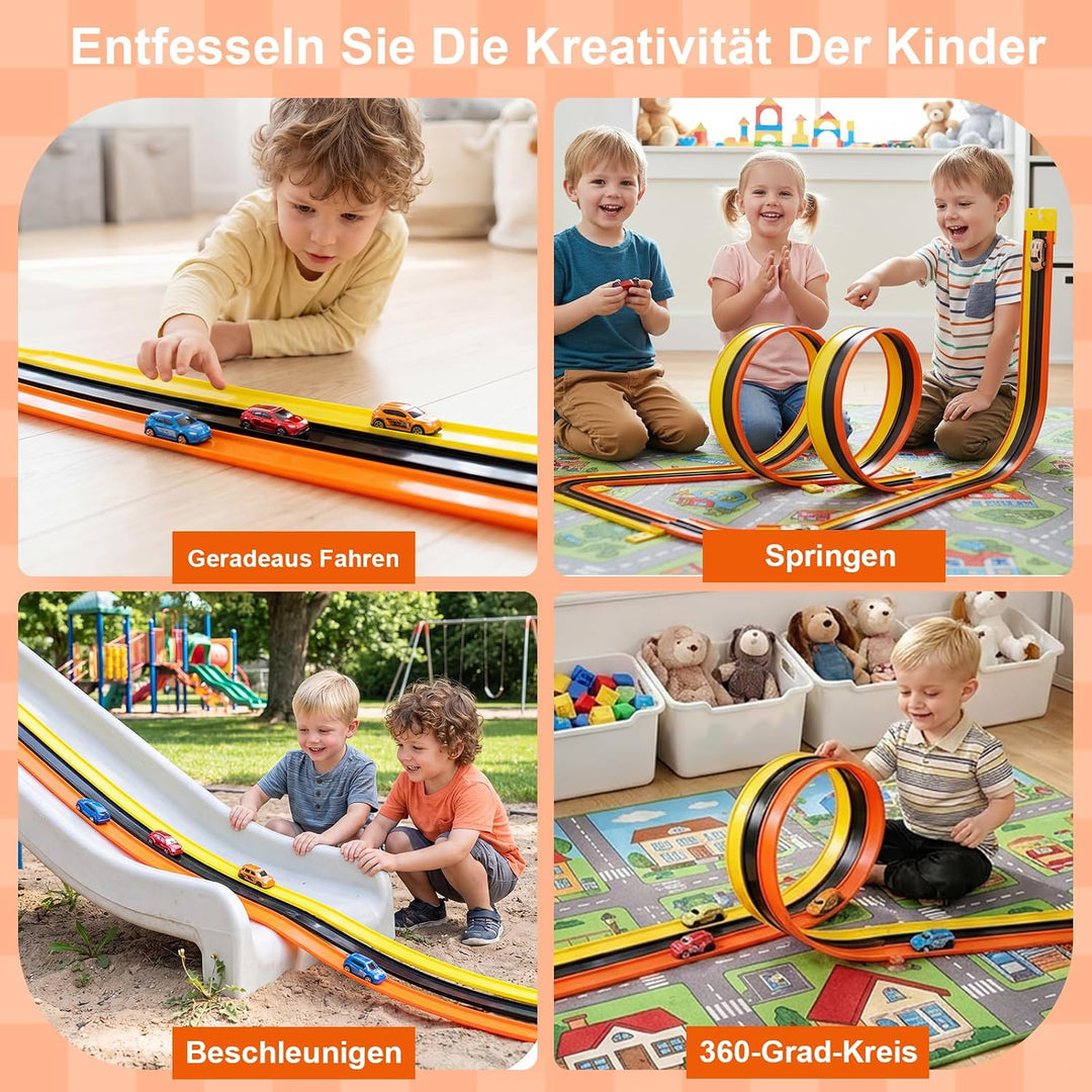 5M Flexible Autorennbahn Kinder, 3-in-1 Rennstrecke mit Rampen, Tragbare Rennbahn Flexibel mit 6 Aut