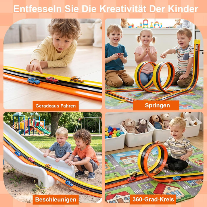 5M Flexible Autorennbahn Kinder, 3-in-1 Rennstrecke mit Rampen, Tragbare Rennbahn Flexibel mit 6 Aut