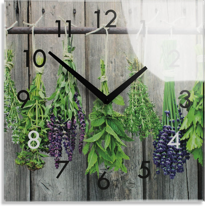 FLEXISTYLE Wanduhr küche Wohnzimmer 30 x 30 cm, aus Glas, mit Direktdruck eckig modern (PFLANZENBÜND