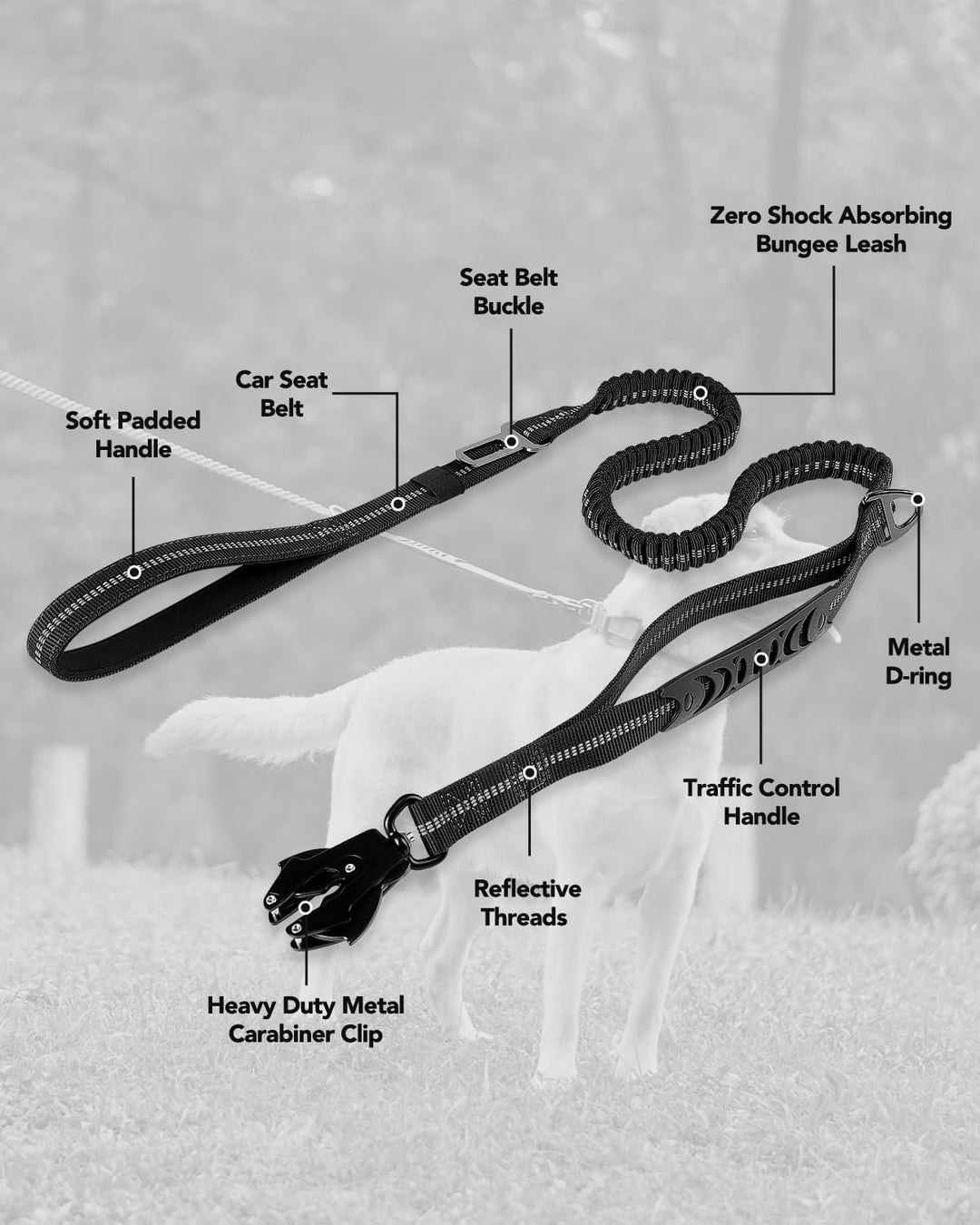 Joytale Taktische Hundeleine, 1.2m-1.8m Bungee Hundeleine mit 2 Gepolsterten Griffen, Autosicherheit