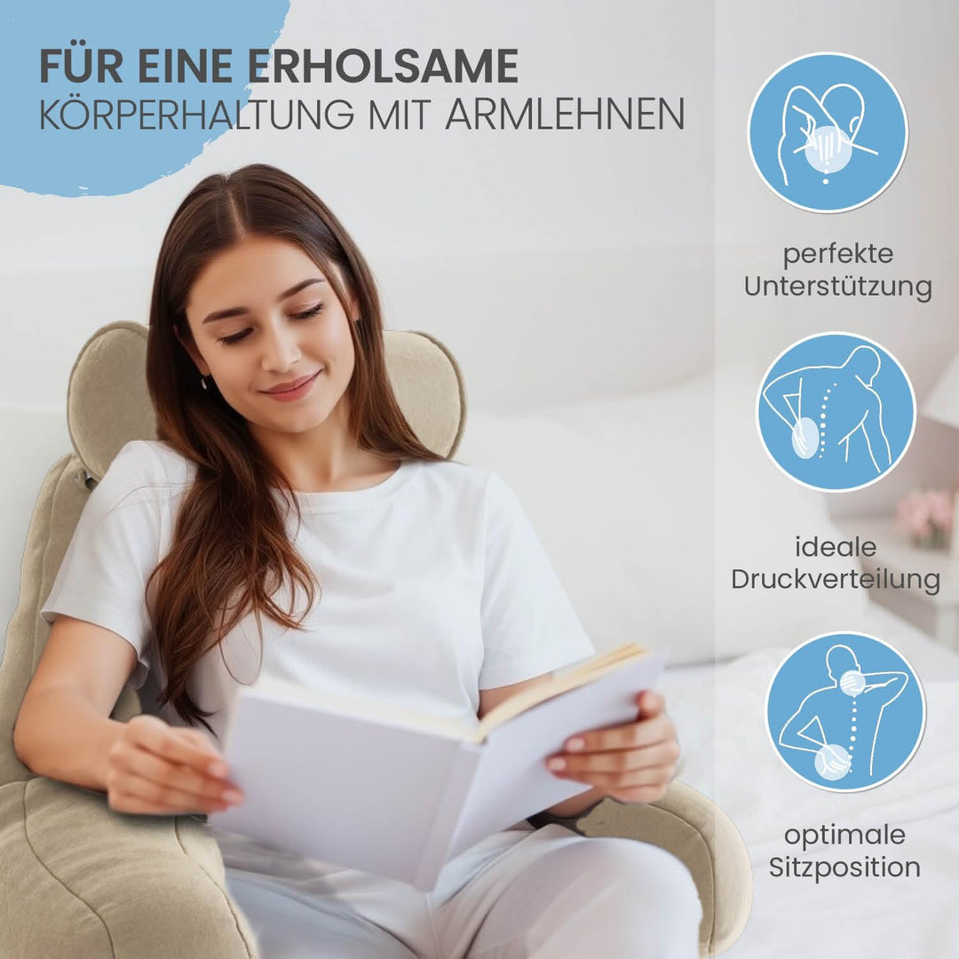 ELONEO Rückenkissen, Lesekissen für Bett und Sofa mit Armlehnen und Abnehmbarer Nackenrolle – Ideal