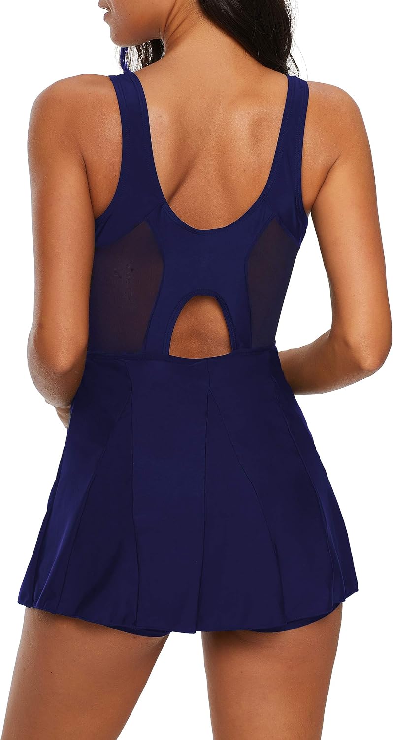 Durio Badekleid Damen Badeanzug Bauchweg Push Up Einteilig Netzstoff Rückenfrei Elegant Bademode mit