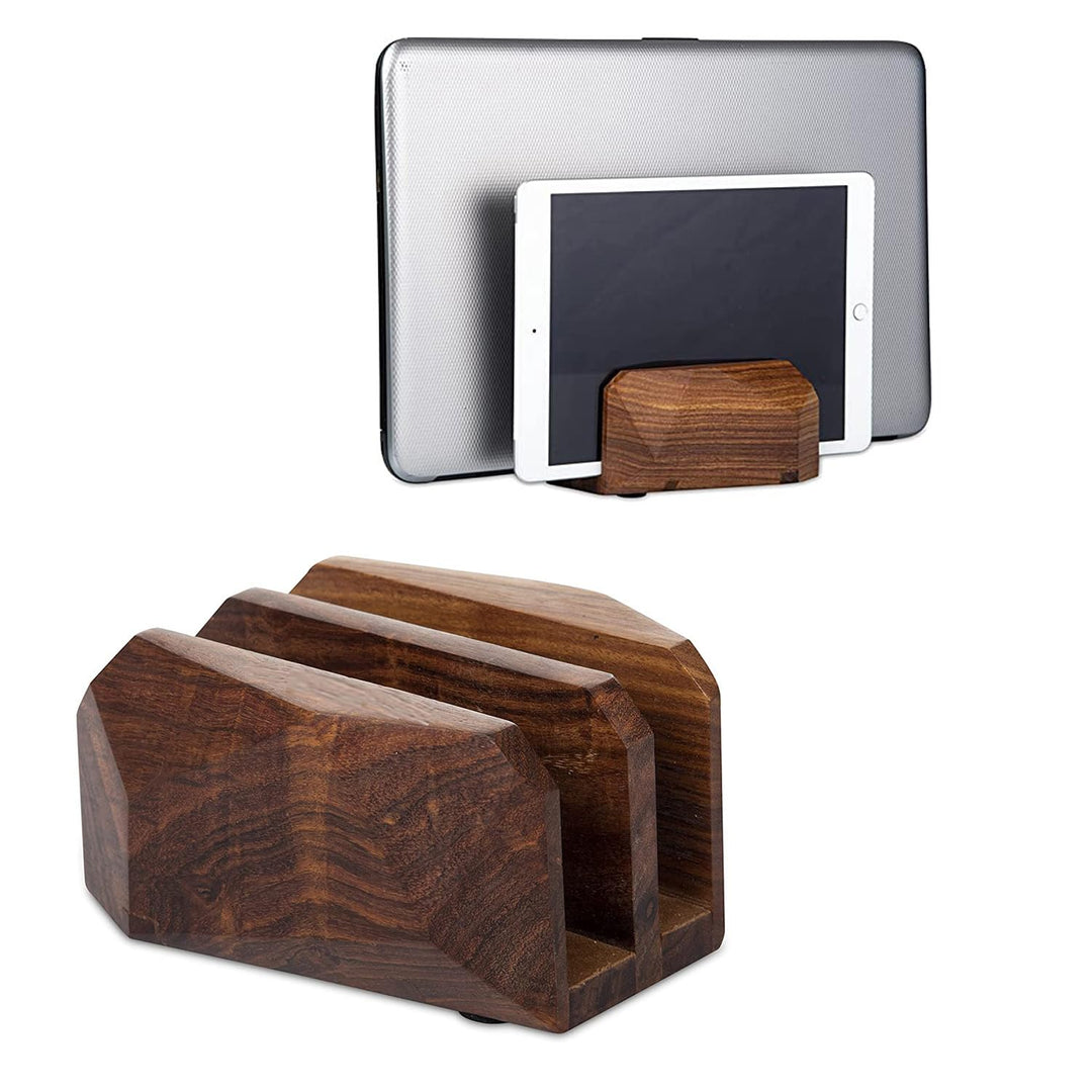 DnU Avenue Wooden Laptop Stand Dual Slot – Vertical Holder Docking Station for MacBook, Tablets & La