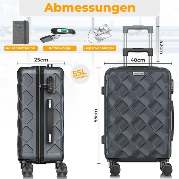 KESSER® Reisekoffer 55L Koffer Handgepäck ABS Hartschalenkoffer mit Zahlenschloss, Kofferwaage & Rei