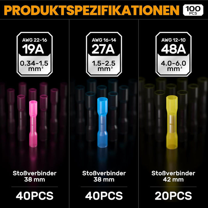 Crimpzange Stossverbinder Set,Stossverbinder zange 0,34-6 mm²,100 stück Stossverbinder mit Schrumpfs