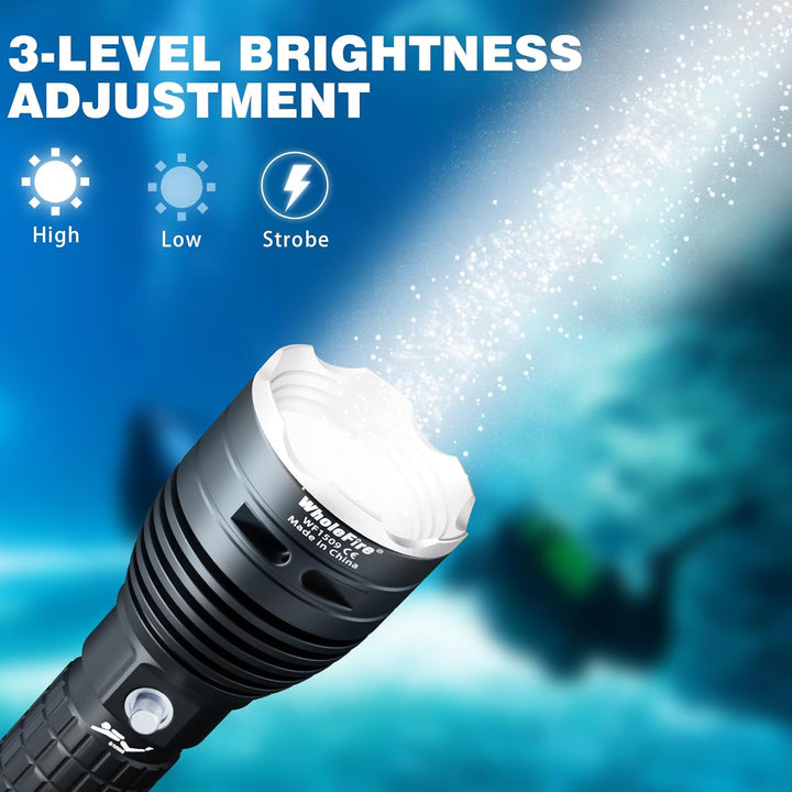 WholeFire LED Tauchlampe IPX8 Wasserdichte 6000 Lumen Tauchen Taschenlampe 3 Modi Wiederaufladbare U