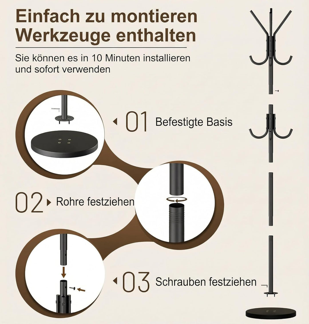 MISSLO Stabil Garderobenständer mit Stabilem Holzsockel, Stehende Jackenständer mit 12 Haken, Verste