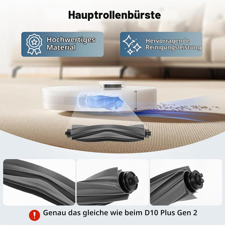 Zubehör Ersatz für Dreame D10 Plus Gen 2 Saugroboter, 1 Hauptbürste, 2 HEPA Filter, 4 Seitenbürsten,