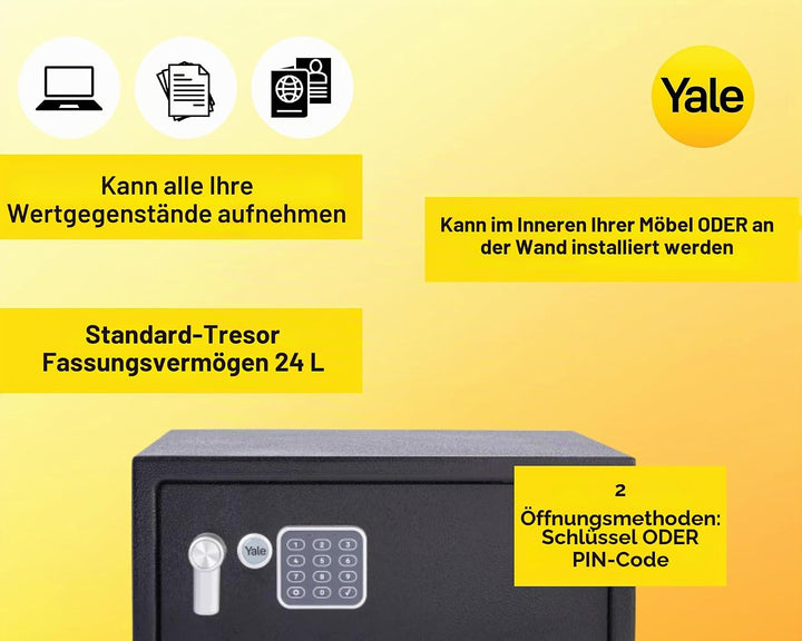 Yale Elektronischer Tresor - Medium - YSV/250/DB2 - Standardsicherheit - Schwarz Black Medium New Ve