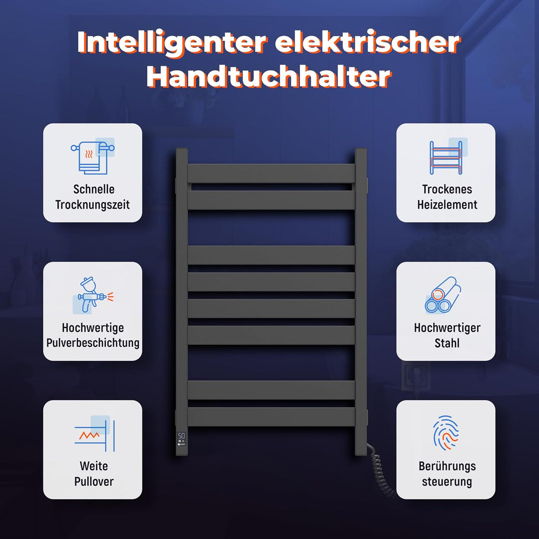 Elektrischer Handtuchhalter Black Largo 500x800 mit Sensor Rechts - Modernes Schwarzes Design, Elekt