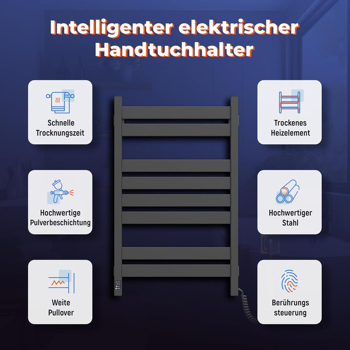 Elektrischer Handtuchhalter Black Largo 500x800 mit Sensor Rechts - Modernes Schwarzes Design, Elekt
