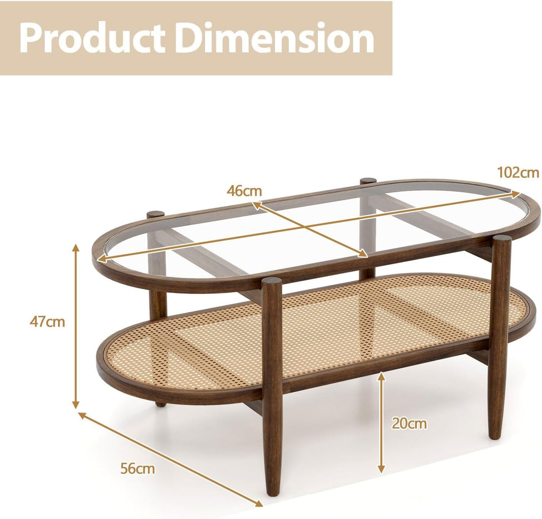LIFEZEAL Couchtisch Glas aus Holz, Wohnzimmertisch mit 2 Ebenen, Sofatisch Glastisch aus Massivholz,