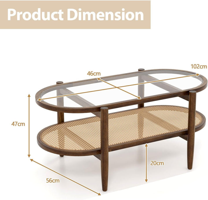 LIFEZEAL Couchtisch Glas aus Holz, Wohnzimmertisch mit 2 Ebenen, Sofatisch Glastisch aus Massivholz,