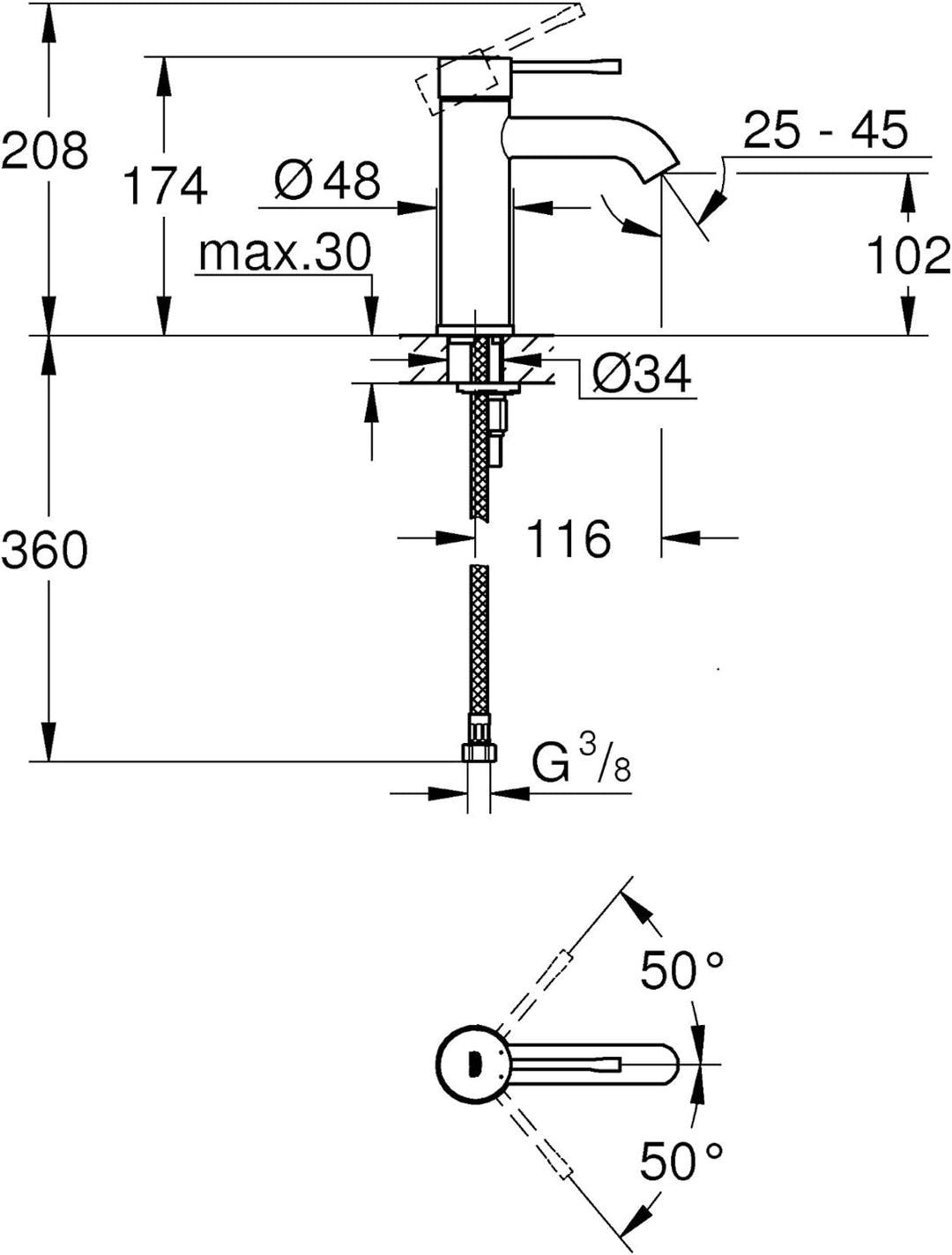 GROHE Essence | Badarmatur - Einhand-Waschtischbatterie, DN 15 S-Size | hard graphite | 23590A01 S g