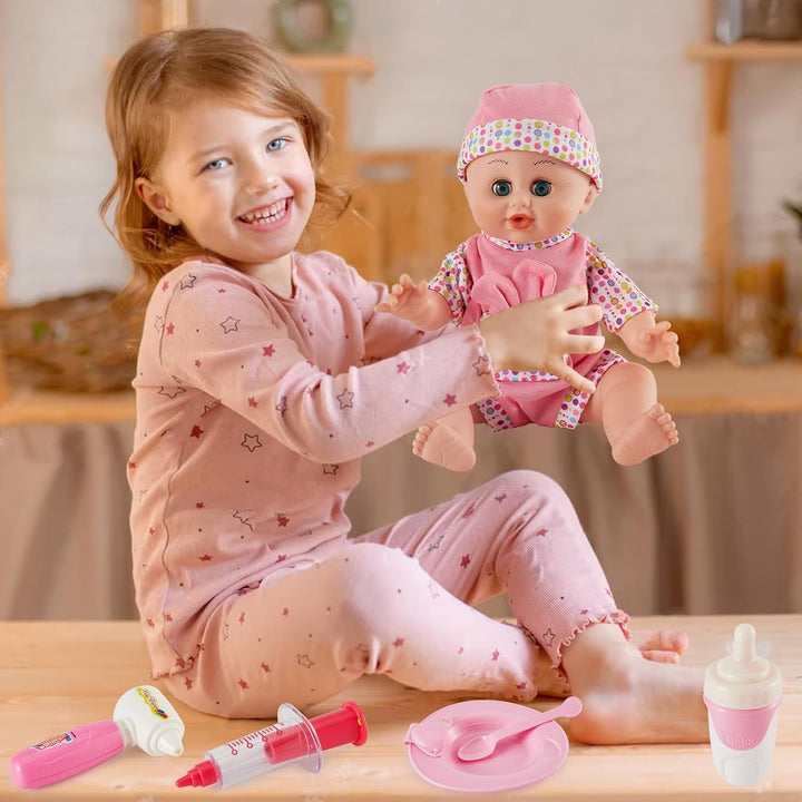 HERSITY Babypuppen Spielset mit 12 Ton und Automatisches Öffnen und Schliessen Augen, Puppen Kleider