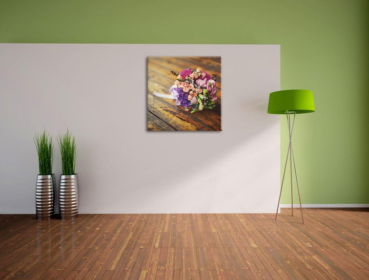 Pixxprint Blumenstrauss auf altem Holztisch als Leinwandbild/Grösse: 70x70 cm/Wandbild/Kunstdruck/fe