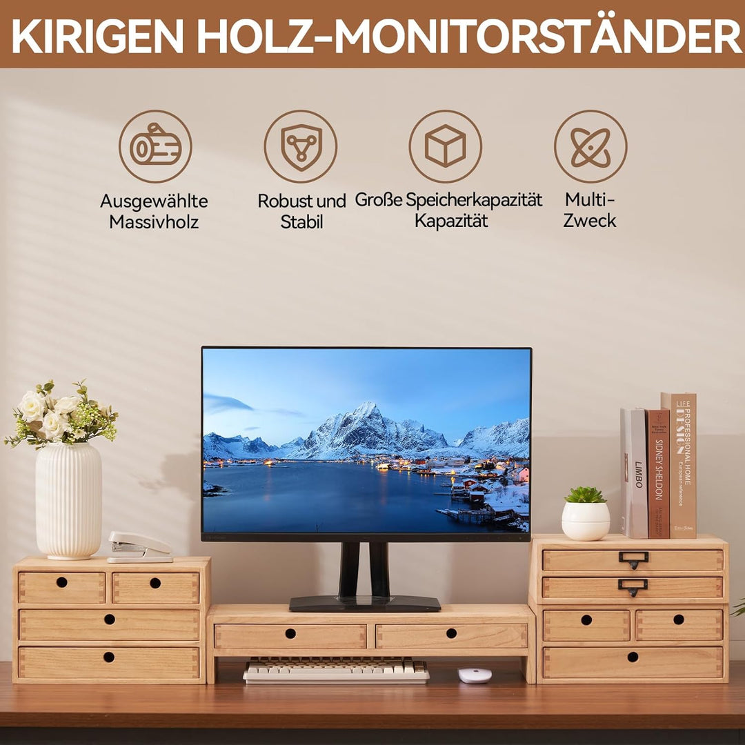 KIRIGEN hölzerner Monitorständer mit 2 Schubladen Computer Desktop Storage Organizer Lautsprecher TV