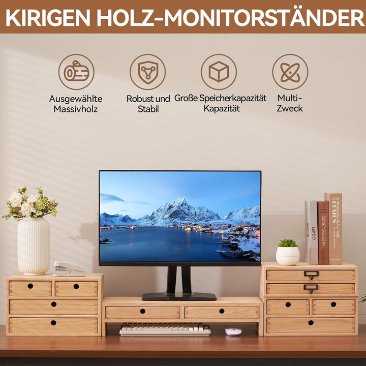 KIRIGEN hölzerner Monitorständer mit 2 Schubladen Computer Desktop Storage Organizer Lautsprecher TV