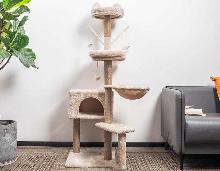 Katzen Kratzbaum, 145 cm Katzenbaum Kletterturm, Kletterbaum Aktivitätskratzbäum mit Säulen vollstän