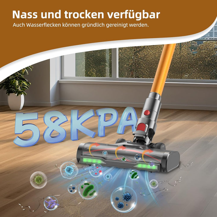 Akku Staubsauger, 58000Pa/550W/65Mins Staubsauger Kabellos mit LED Display und Anti Tangle Bürste, 1