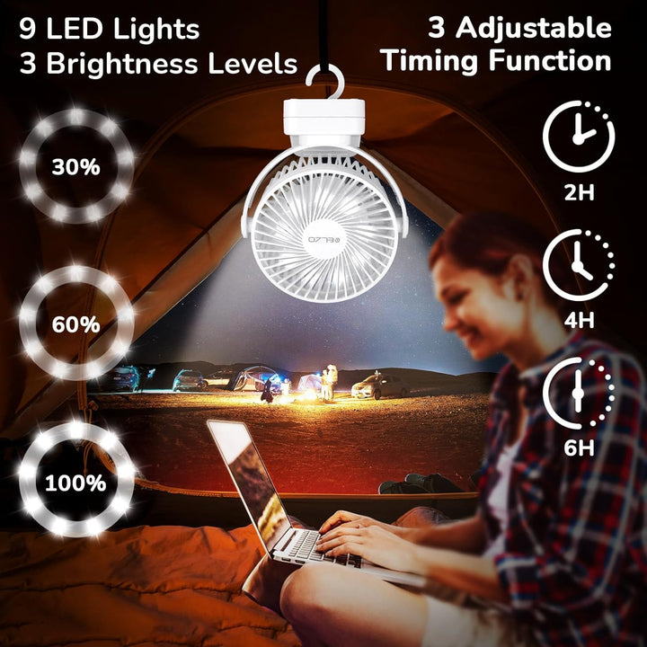 ELZO 12000mAh Camping Ventilator, Wiederaufladbarer Tischventilator USB Mini Ventilator mit LED Lich