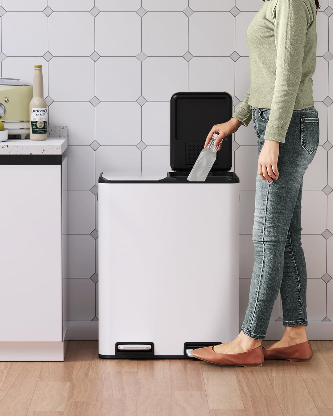 LIFERUN Mülleimer 2 Fächer, 2 x 30 Liter Treteimer mit Geruchsfilter, Deckel Geräuschlos, Inneneimer