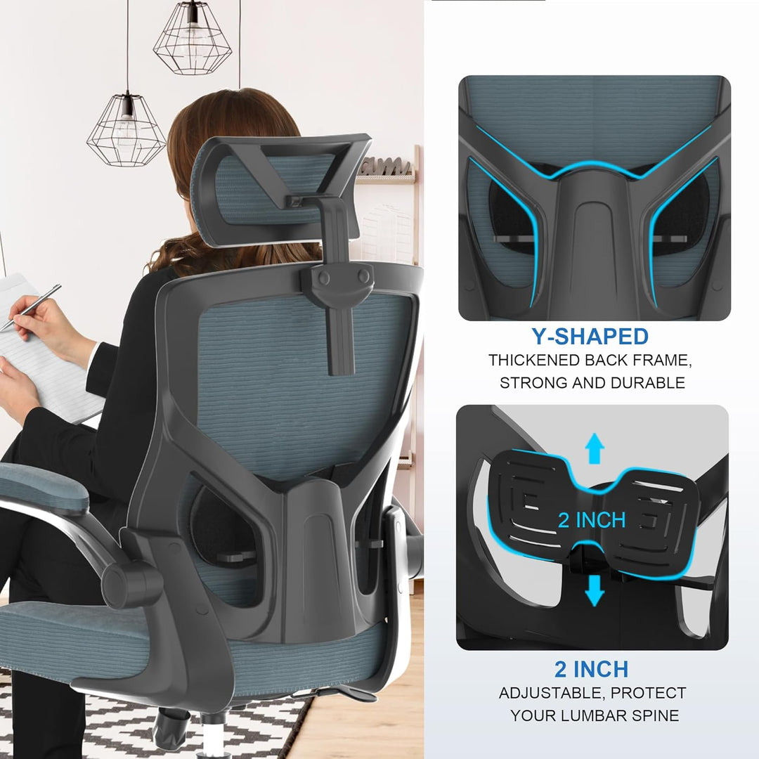 CYKOV Bürostuhl Ergonomisch, PC Stuhl mit Verstellbarer Kopfstütze &amp; Klappbaren Armlehnen, Schreibti