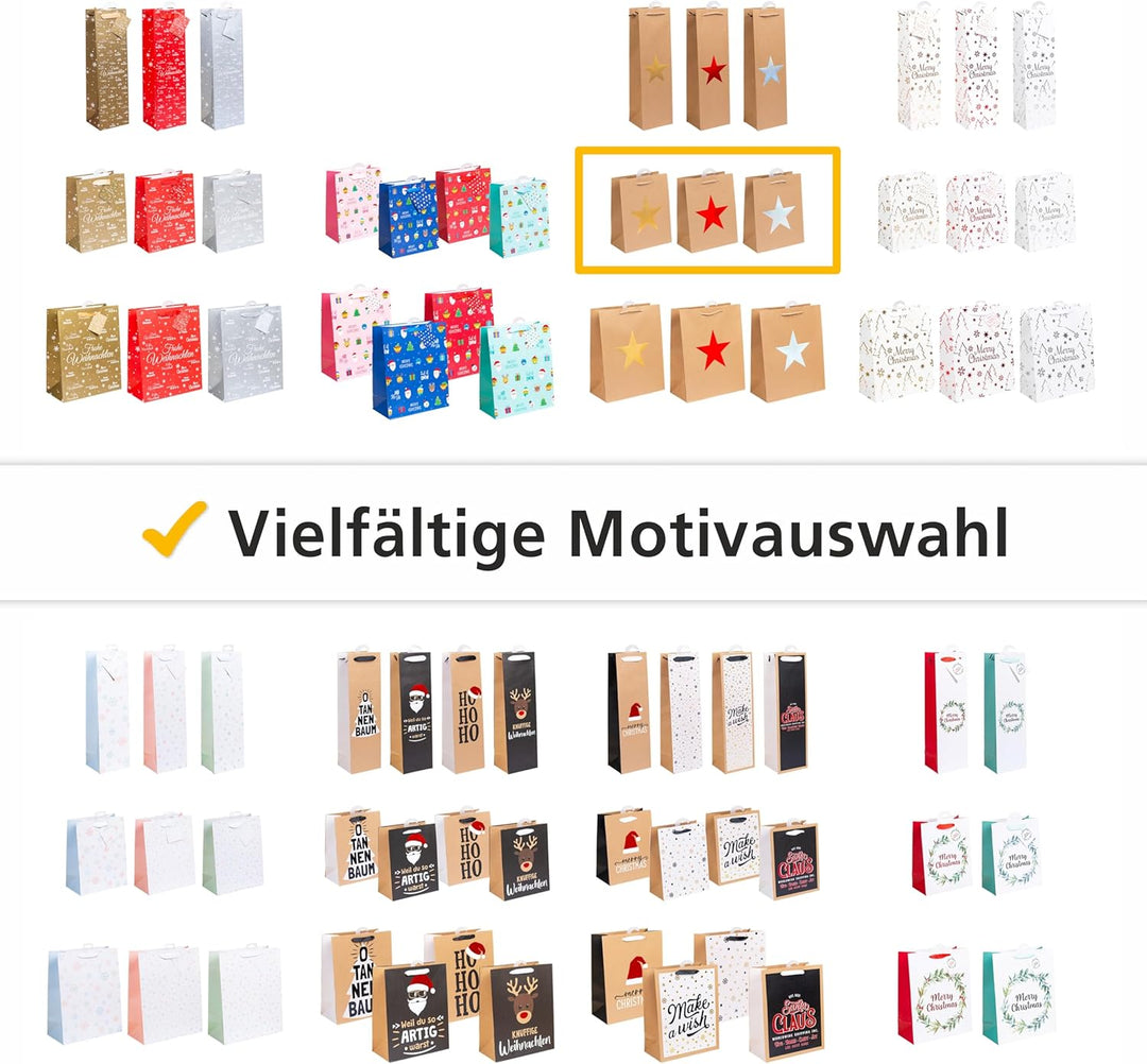 HEKU 24er Set Hochwertige Geschenktaschen aus Papier, Stern-Motiv, Metallic-Aufdruck I 3 Farben (rot