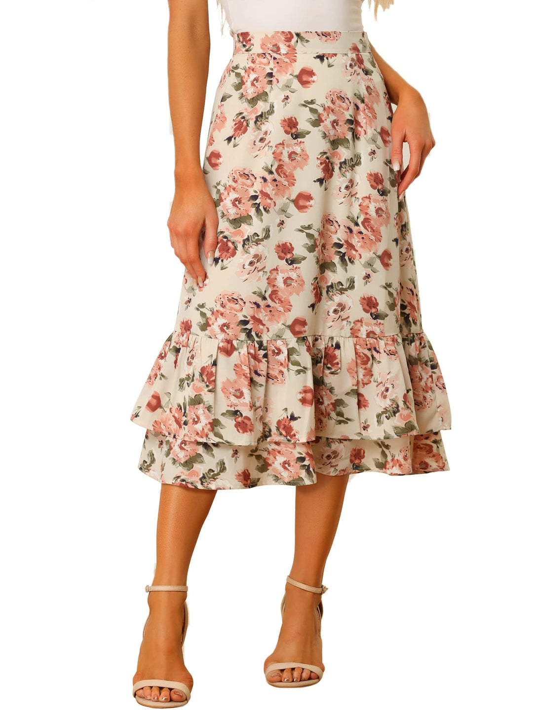 Allegra K Damen Röcke Röcke M Beige, Rosa, Blumenmuster, M Beige, Rosa, Blumenmuster
