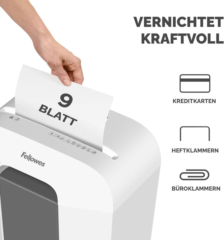 Fellowes Aktenvernichter 9 Blatt (P4), Papierschredder mit Partikelschnitt für Homeoffice, Powershre